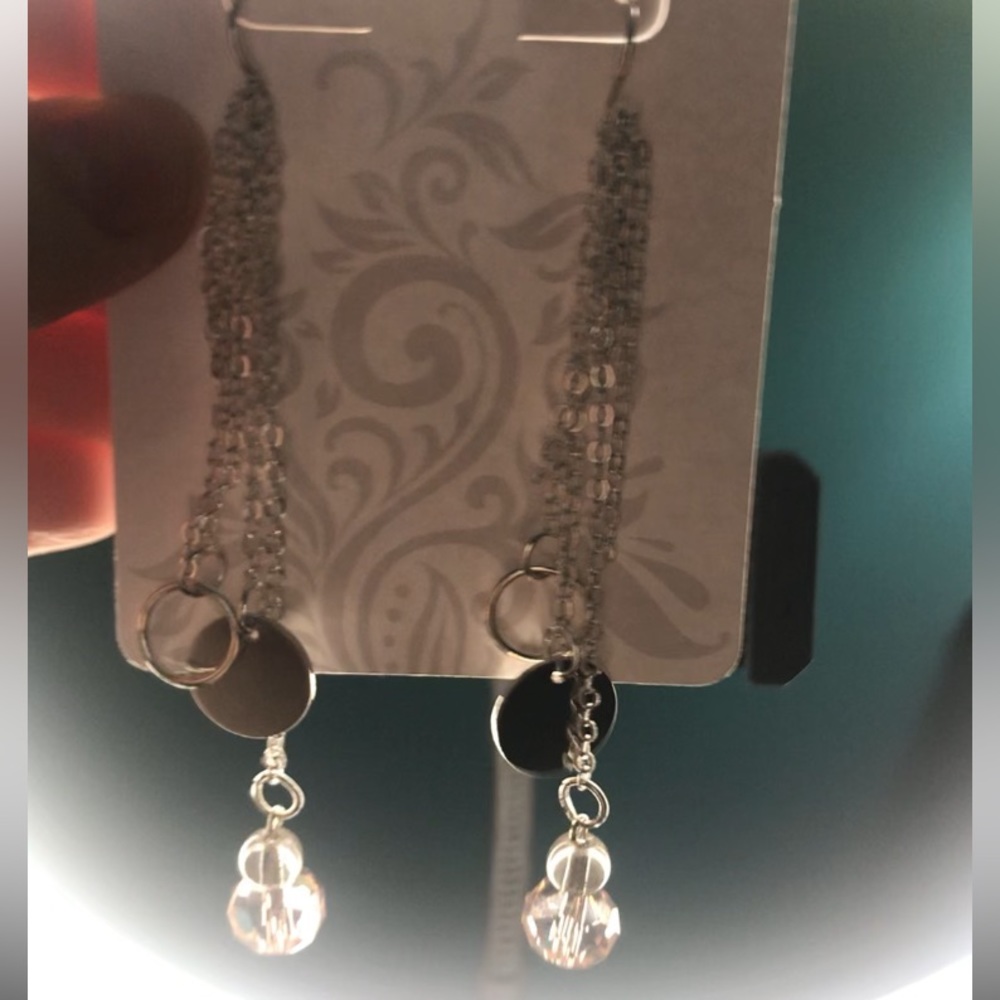 Pink Crystal Drop Earrings with Chains and Circles. ~Elegant Moon🌙 - Picture 2 of 6